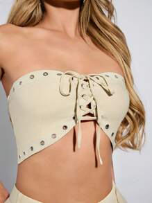 SHEIN BAE Top bustier plisado unicolor con decoración de metal y delicadas correas, color albaricoque, adecuado para vacaciones de primavera / verano, noche de citas, uso diario, ocasiones festivas, conciertos y festivales de música