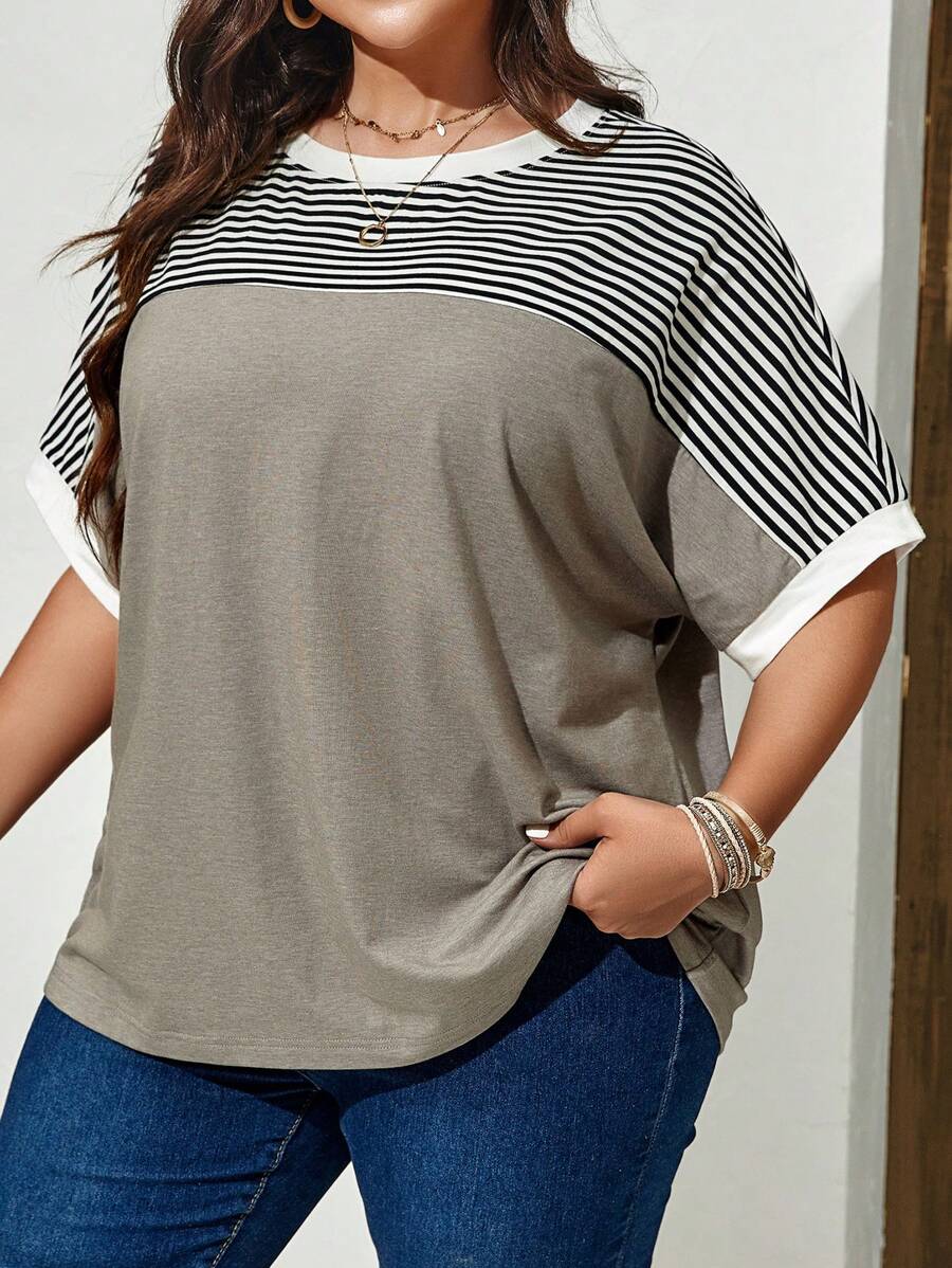 EMERY ROSE 大码女式条纹蝙蝠袖 T 恤，适合春季和夏季