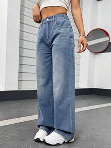 SHEIN PETITE Quần denim ống rộng dáng rộng dáng rộng cho nữ màu xanh - Rửa nhẹ - Xem 3