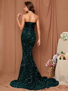 LOVE&LEMONADE Sequin Mermaid Formal Dress With Thigh Slit, Elegant Gown For Gala, Wedding, Prom, Formal Party - Green - View 2