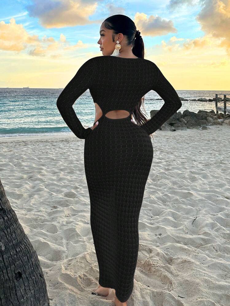 SHEIN SXY فستان طويل بحري مشع ، بيج اللون يناسب المراة في البحر ، الاجازة والعطلة - الأسود - مشاهدة 2