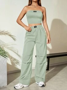 Conjunto de 2 piezas de top tubo y pantalones de pernera ancha de unicolor casual y de moda para mujer en verano - verde menta - Ver 3