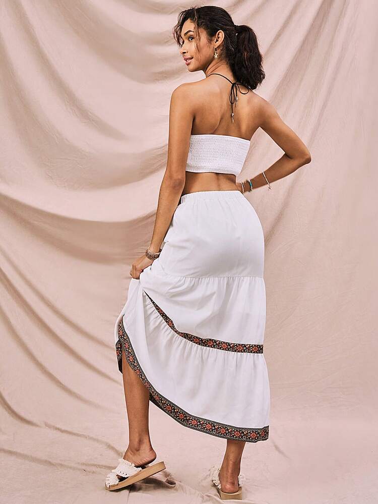 Summer Patchwork  Lace Strapless Top+Ruffle Hem Skirt 2-Piece Set