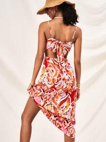 Soleia Women Paisley Pattern Hollow Out Waist Lacing Backless Strap Vacation Dress - Multicolor - View 2