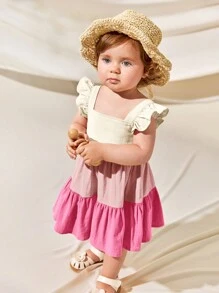 Cozy Pixies Baby Girl Square Neck Short Sleeve Colorblock Patchwork Dress