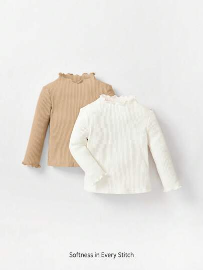 Cozy Pixies Baby Girl 2pcs Lettuce Trim Mock Neck Ribbed Knit Tee