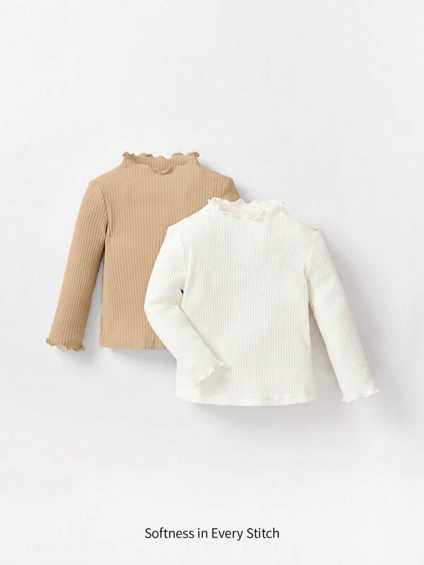 Cozy Pixies Baby Girl 2pcs Lettuce Trim Mock Neck Ribbed Knit Tee