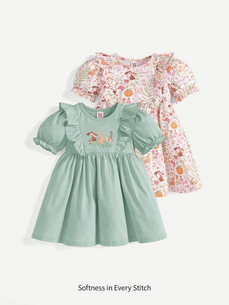 Baby Girl Floral Pattern Round Neck Puff Sleeve Dress With Ruffle Trim And Elastic Waist, 2pcs/Set Bestie Matching Set