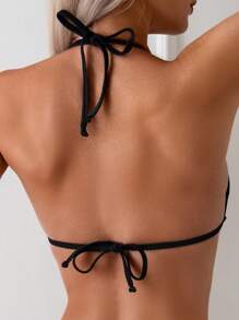 SHEIN Swim Solid Color Chain Decoration Backless Tie Halter Neck Bikini Set Summer