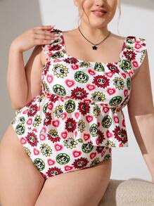 THE POWERPUFF GIRLS X SHEIN Plus Size Casual Vacation Style Cartoon Printed Ruffle Trim Tankini Set, Summer