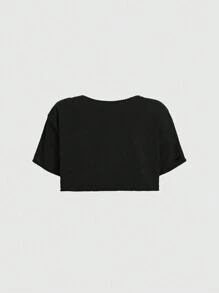 ROMWE PUNK Letter Graphic Ripped Crop Tee - Black - View 2
