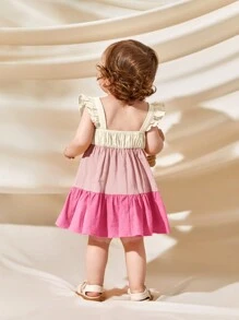 Cozy Pixies Baby Girl Square Neck Short Sleeve Colorblock Patchwork Dress