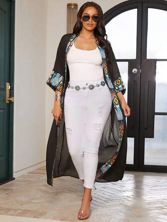 SHEIN Lady Ladies Bohemian Long Printed Kimono For Beach Vacation Summer