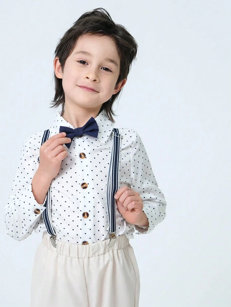 ポリドットプリント長袖シャツ、ベージュのカジュアルウーブンパンツ。この紳士セットは、誕生日会、イブニングパーティー、発表会、結婚式、一か月お祝い、洗礼式、1歳の誕生日会などに適しています。