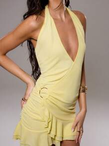 MUSERA 伊比沙岛波西米亚风露背荷叶边迷你连衣裙，适合春季、夏季和节日度假 - 黃色 - 查看 5