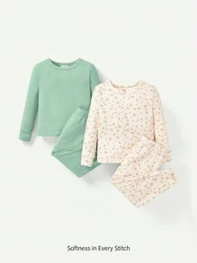 Cozy Pixies 4pcs Baby Girl Snug Fit Pajama Set, Floral Print Crewneck Long Sleeve Top And Footed Pants - Green - View 1