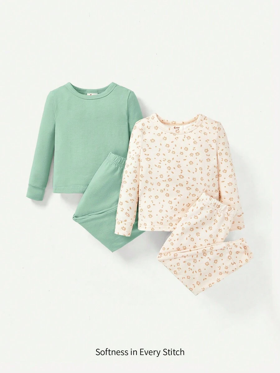 Cozy Pixies 4pcs Baby Girl Snug Fit Pajama Set, Floral Print Crewneck Long Sleeve Top And Footed Pants - Green - View 1