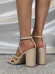 女士杏色交叉帶粗跟涼鞋，帶扣，性感時尚高跟鞋，可與任何服裝搭配 - 杏色 - 查看 2