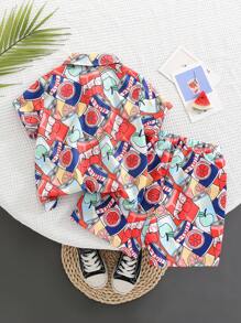 2 cái/bộ Bé trai Giải trí Dễ thương Nước ép In Vòng cổ Ngắn tay Áo sơ mi Và Quần short , Mềm mại & Thoải mái Cho mùa hè - Đỏ - Xem 2