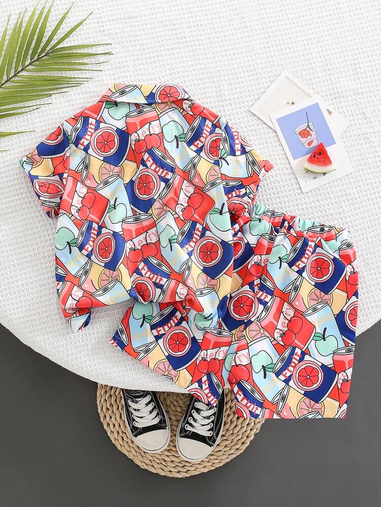 2pcs/Set Toddler Boys' Casual Cute Juice Can Printed Turn-Down Collar Short Sleeve Shirt And Shorts, Soft & Comfortable For Summer