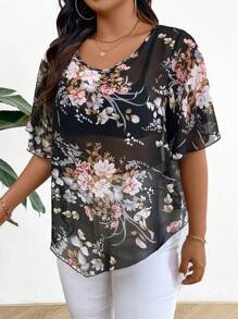 SHEIN Clasi Plus Size Floral Printed Flutter Sleeve Mesh Panel Blouse For Summer - Black - View 4