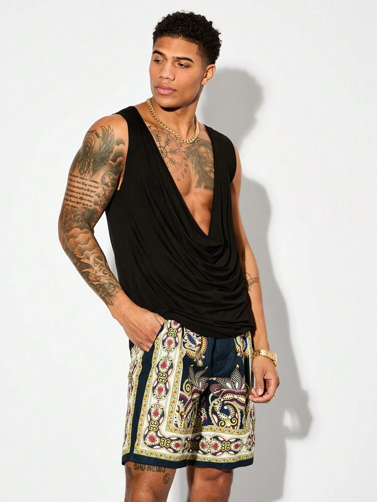 Men Cowl Neck Knit Casual Tank Top And Shorts Set For Summer