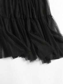 Plus Size Women Solid Color Elastic Waist Mesh Netting Multiple Layer Ruffled Hem Long Loose Skirt - 黑色 - 查看 5