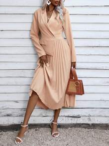 Aveloria Women Spring/Summer Round Neck Color-Block Pleated Hem Long Sleeve Elegant Dress