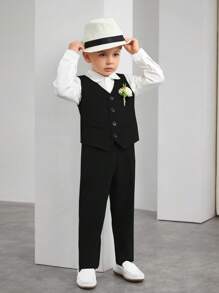 SHEIN Conjunto de 2 peças de cavalheiro jovem, colete elegante estilo empresarial + calças, terno formal para festa de aniversário, casamento, formatura, convidado de casamento, pajem, menino de alianças