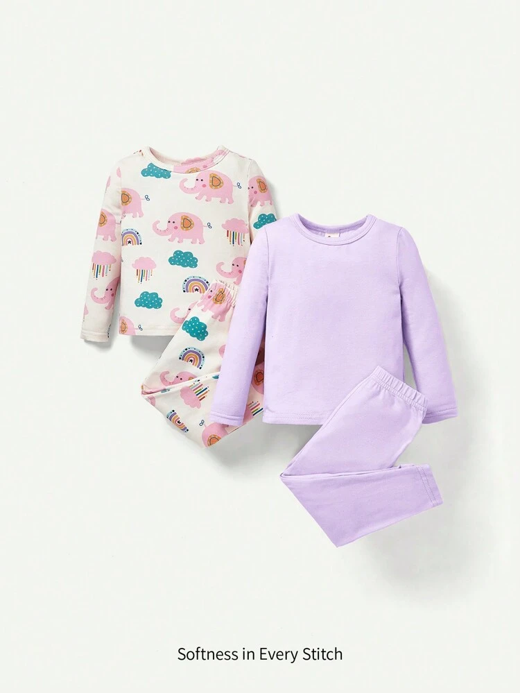 Baby Girl Snug Fit Cartoon Elephant Pattern And Solid Color, Round Neck, Long Sleeve Top And Pants, Four Pieces Home Wear Set Matching Set