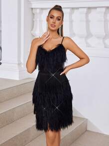 SHEIN Belle Elegant, Gorgeous, Sexy, Exquisite And Charming, Fashionable And Popular Women's Classic Black Sequin Stitching Layered Feather Tassels Decorated Spaghetti Straps V Tie Breast Pads Gathered Anti-Exposure High Waist Tight Hip-Hugging Curve Mini Dress, Suitable For Music Festivals, Graduation Ceremonies, Proms, Date Parties, Cocktails Meeting.