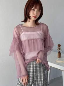 FRIFUL Women Casual Daily Wear Long Sleeve Top With Ruffled Hem Sheer,Fall Women Clothes