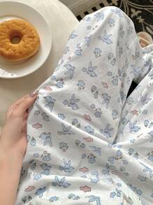 DAZY Dames slaapbroekje met schattig konijntje en kleine bloemprint