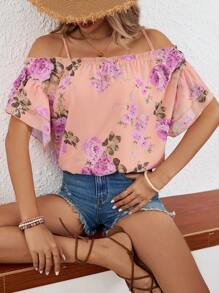 SHEIN VCAY Women Fashionable Off-Shoulder Printed Loose Shirt - Orange - View 6