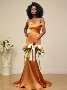 長款美人魚款燒橙色伴娘禮服婚禮派對裙