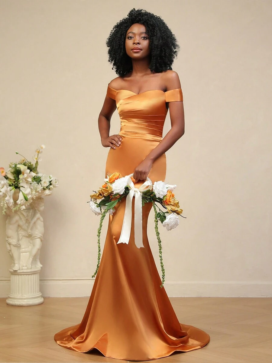 長款美人魚款燒橙色伴娘禮服婚禮派對裙
