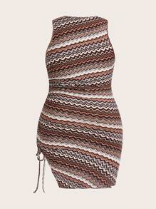 SHEIN EZwear 夏季大尺碼彩色條紋印花緊身長裙，側開叉設計 - 彩色 - 查看 5