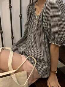 DAZY 女士拼接花邊格紋寬鬆襯衫