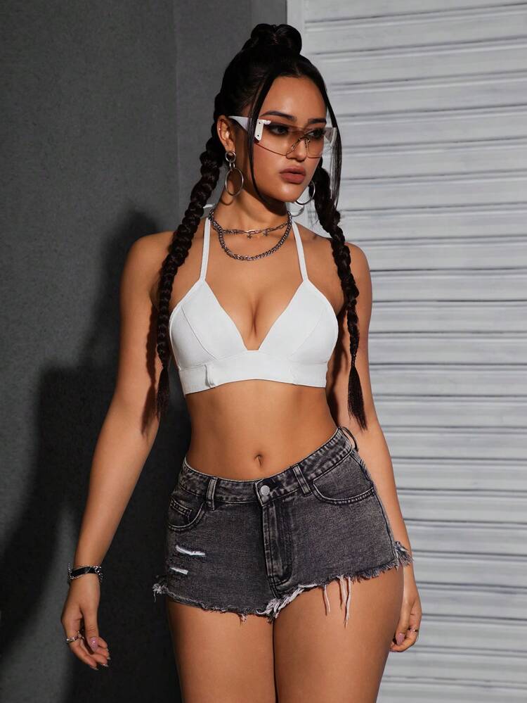 Sexy Backless Tie Halter Ultra Short Denim Top For Summer