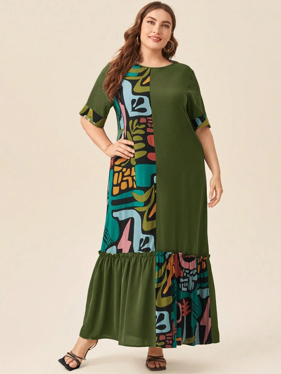 EMERY ROSE Plus Size Nữ Mùa Hè In Hình Cây Cổ Tròn Tay Ngắn Dài Nơ Lỏng Lẻo Viền Xù Lông - xanh quân đội - Xem 1