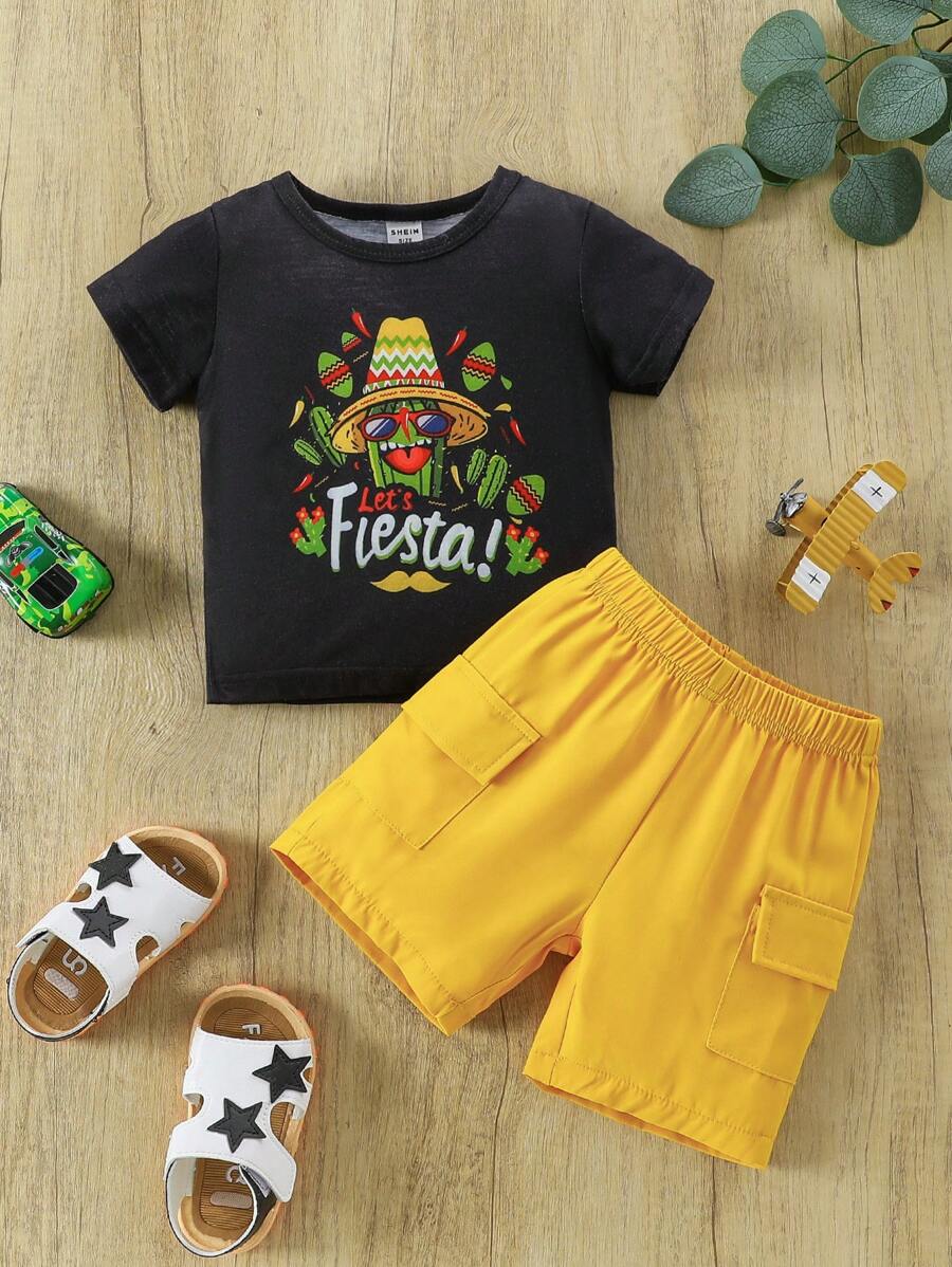Summer 2pcs/Set Baby Boys' Mexican Cactus Cartoon Short Sleeve Tee & Shorts Outfit - Multicolor - View 1