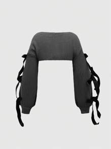 ROMWE Kawaii Plus Size Himekaji Casual Layered Look Cute Bow Tie Waist Belt Decorated Lantern Sleeve Cardigan, Air Conditioning Jacket, School