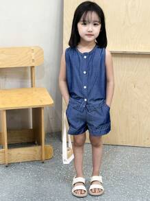 Young Girl Casual Denim Shorts And Vest Set For Summer