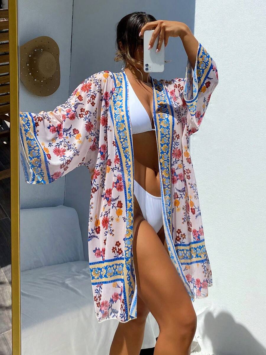 SHEIN Swim 女士花卉印花寬鬆夏季假期和服，定位印花款 - 彩色 - 查看 1