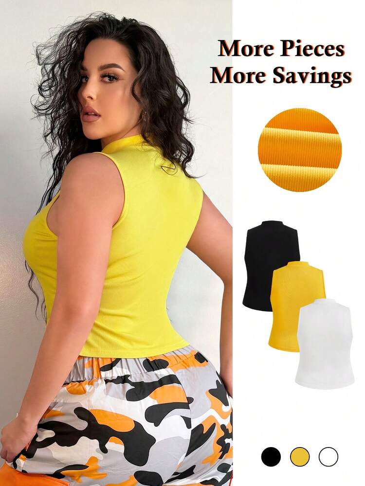 Plus Size Sleeveless Tank Top With Stand Collar And Half Zipper, Slim Fit, Multi-Pack