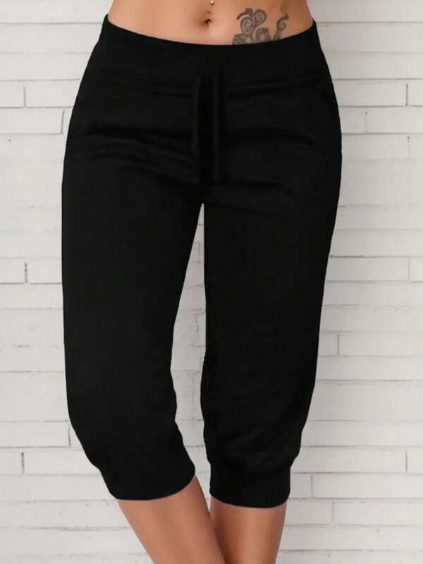 EMERY ROSE Women Solid Color Elastic Waist Capri Long Pants