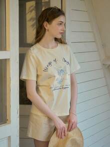 Simple Retro Angel Print Casual Round Neck Short Sleeve T-Shirt - Beige - View 8