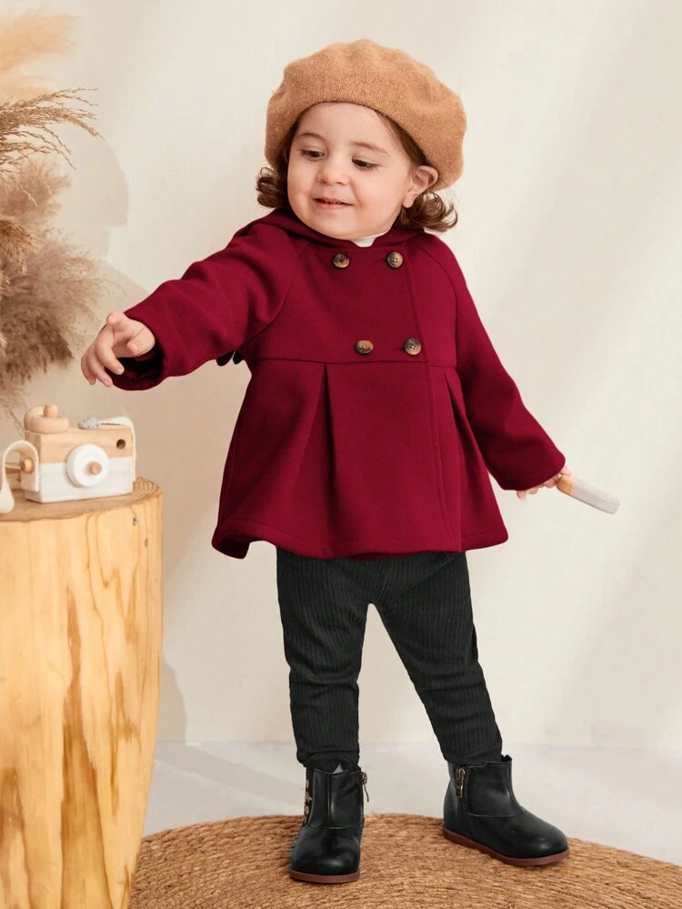 Baby Girls' Mid-Weight Woolen Hooded Coat With Raglan Sleeves