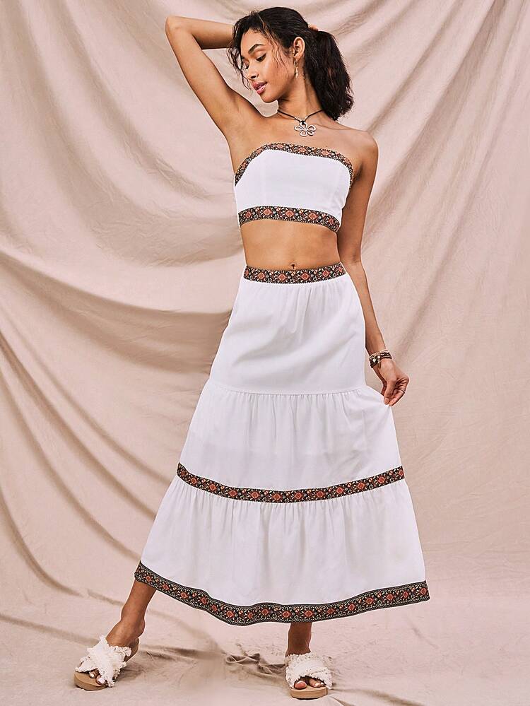 Summer Patchwork  Lace Strapless Top+Ruffle Hem Skirt 2-Piece Set