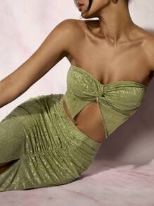 Glamine Áo crop top hoa Jacquard thiết kế thắt nút & xếp ly, Bộ váy xẻ cao cho nữ - màu xanh lá - Xem 8